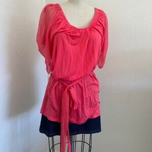 Flounce Women’s Medium Top Medium Coral Sheer Sleeve Belted Blouse Y2k style